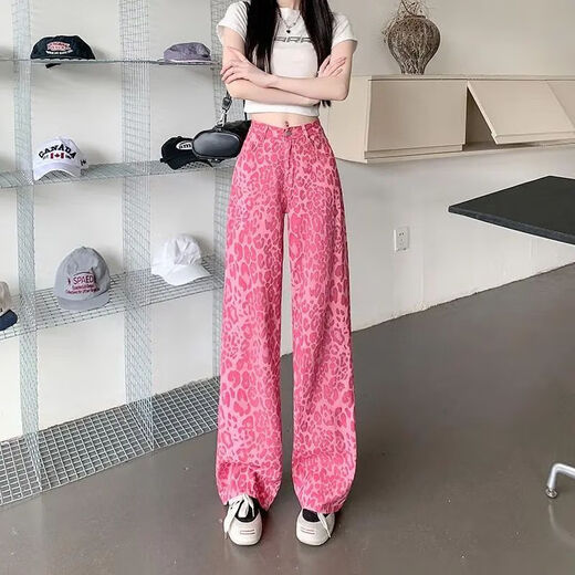 延芮2025新款多巴胺穿搭粉色豹纹牛仔裤女宽松高腰直筒阔腿拖地长 粉色豹纹 BTN6625 2XL 【125-140斤】