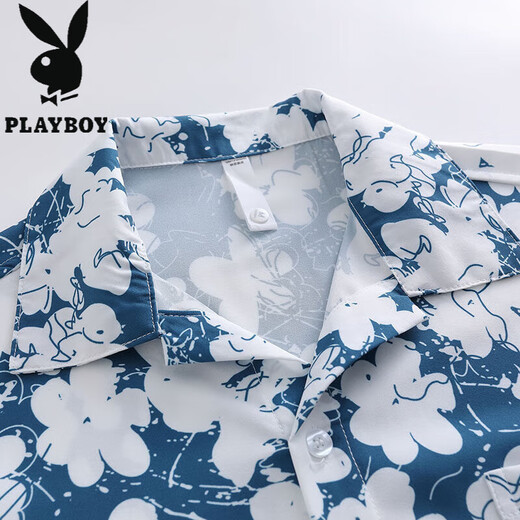 花花公子（PLAYBOY）夏威夷花衬衫短袖男夏季冰丝薄款沙滩情侣休闲衬衣 6636太湖绿 XL