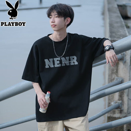 Playboy short-sleeved T-shirt men's teenager summer pure cotton heavy loose half-sleeved clothes American fashion brand trendy T-shirt 9201 white M