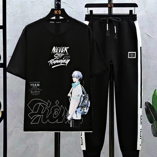 
NJSKAKW2 junior high school students 13 boys T-shirts short-sleeved handsome 15-year-old high school students men's clothing teenagers summer casual suit blue 9226 [short-sleeved T-shirt suit] S S Recommended 60-75 Jin [Jin equals 0.5 kg]