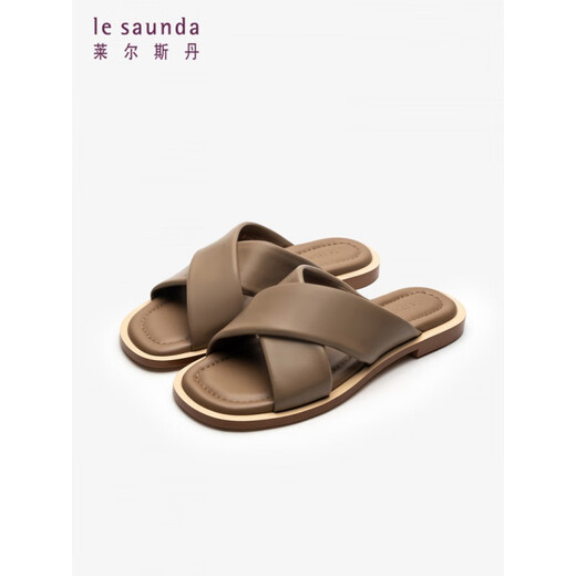 莱尔斯丹（le saunda）[软面包]夏新款真皮平底纯色羊皮外穿一字凉拖女鞋12801 褐灰色 TPK 35