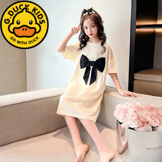 G.DUCKKIDS女童夏季冰丝睡裙公主风短袖薄款睡衣中大童女孩初中生宽松家居服 753 杏色短袖大蝴蝶结裙 160 cm 建议150-160cm10-12岁