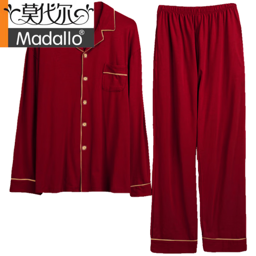 莫代尔情侣睡衣女春秋款纯棉红色新婚新娘结婚男士家居服简约套装本命年 2679枣红女 M 纯棉有弹力