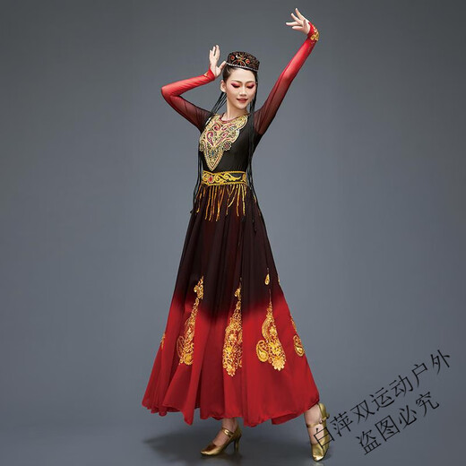 Jingting Xinjiang Uyghur Dance Costumes Female Uyghur Costumes Adult Square Performing Arts Examination Large Swing Skirt Set Hat + Dress + Waistband + Pants S (85-100Jin Jin is equal to 0.5 kg)