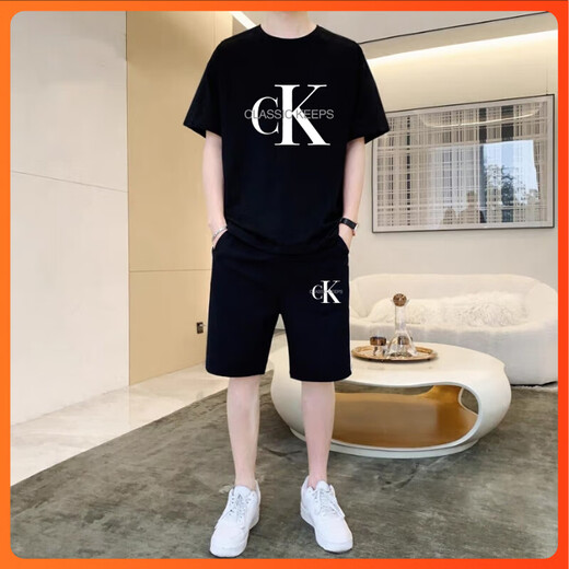
CALVIN KLEIN JEANSCK short-sleeved suit summer men's pure cotton T-shirt men's casual shorts loose large size five-point sports pants trendy men's clothing 701 suit white M (100-125Jin[Jin equals 0.5 kg])