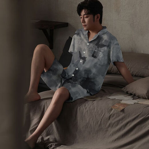 
Langsha pajamas men's ice silk short-sleeved summer thin large-size home clothes can be worn outside in summer cool plaid 2025 new style WR13077 men's L