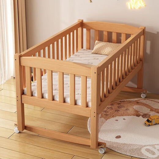 Binying all-beech solid wood children's spliced bed crib widened spliced large bed can be customized children's bedside bed spliced bed four-sided guardrails mobile promotion/shaking bed to sleep length 120 width 60 height 40 can be customized