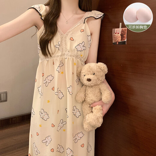 
Modal pajamas with breast pad for women in summer 2025 new nightgown pure cotton princess suspender lace sexy midi skirt YZQ_9906# suspender skirt rabbit (with breast pad) L