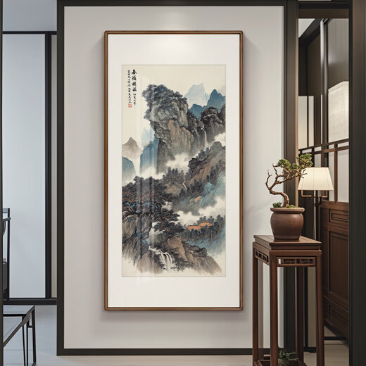 Xuanmutang entrance decorative painting New Chinese style ink landscape painting hanging painting study living room tea room corridor aisle entrance landscape painting Zhang Daqian <Landscape Tune> Finished product width 60cm * height 120cm walnut color (solid wood right angle frame)