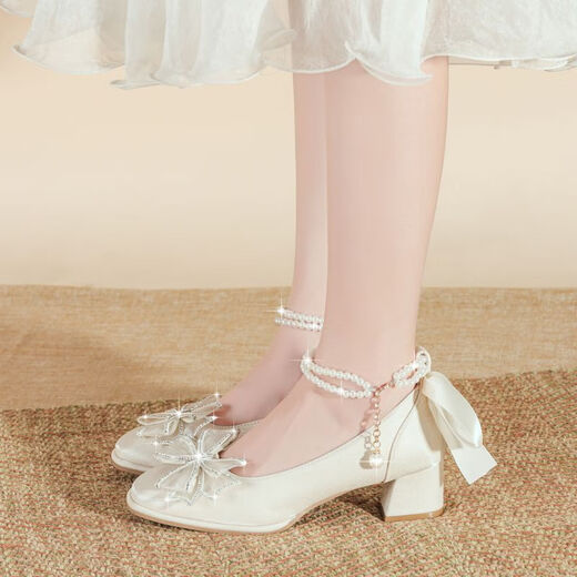 Yalso children's high heels 10-15 years old performance Hanfu shoes children's costume girls princess shoes catwalk leather shoes ribbon bow 4CM high heel standard size 33