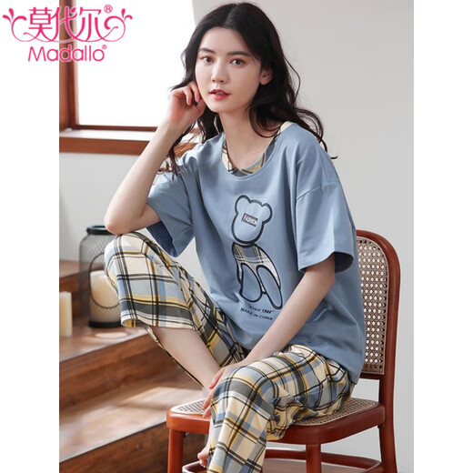 Pajama modal para mujeres Pure Cotton Spring and Summer 2025 Nuevos pantalones largos de manga corta con almohadillas para el cofre para ropa para el hogar de mujeres se pueden usar fuera del traje R679 sin almohadillas L Estilo de mujeres [100-120Jin [Jin equivale a 0.5 kg]]
