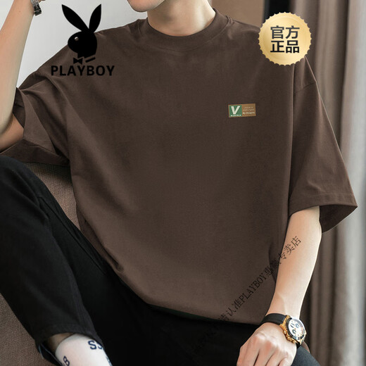 花花公子（PLAYBOY）美式260g重磅纯棉短袖t恤男圆领潮牌印花上衣服夏季半袖全棉体恤 M09-983卡其色 S (适合80-100斤)