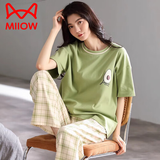 猫人（MiiOW）睡衣女款夏季2025新款纯棉薄款宽松家居服短袖长裤休闲可外穿套装 7374 M 【建议80-105斤】