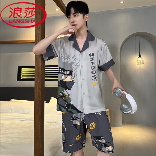 浪莎（LangSha）凉感桑蚕丝短袖男士睡衣2025夏季卡通动漫可外穿男生家居服套装 冰丝6629 L (建议身高170左右，体重100-