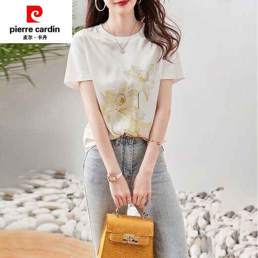 Pierre Cardin (Pierre Cardin) Mulberry Seide 100% Cut Standard Counter Summer Printed Seide Kurzärärtes T-Shirt für Frauen Mulberry Seiden Top 6167 Weiß S