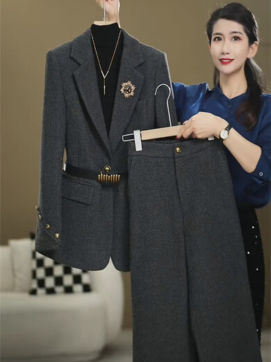 Woodpecker (TUCANO) High-End Internet Celebrity Woolen Suit Women's 2026 Winter Style Commuting Slim Jacket + Wide Leg Pants Dark Gray Suit Genuine Quality 2XL 120Jin Jin equals 0.5kg -130Jin Jin equals 0.5kg