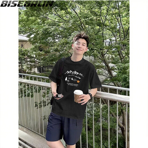 BISEGRLIN pure cotton short-sleeved T-shirt for men and women ins trendy couple tops summer half-sleeved T-shirt trendy black-K1283 white picture L