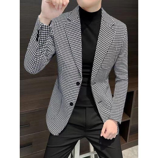 NJSKAKW suit men's middle-aged and young men's small suit tops for spring and autumn suit casual jacket slim fit plaid single thin 866 houndstooth-khaki M 170/88A Recommended 80-110Jin [Jin equals 0.5 kg]