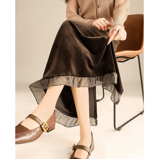 TERRE BLEUE Lazy style velvet cover-up skirt 25 autumn and winter new women's solid color high-waist slim mid-length skirt