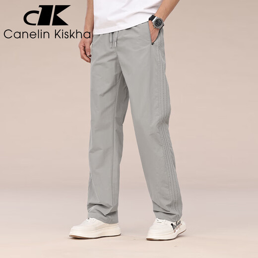 Canelin Kiskha高端美式阔腿工装裤男2025春夏新款宽松大码直筒复古休闲长裤子男 浅灰 L 适合130-150斤