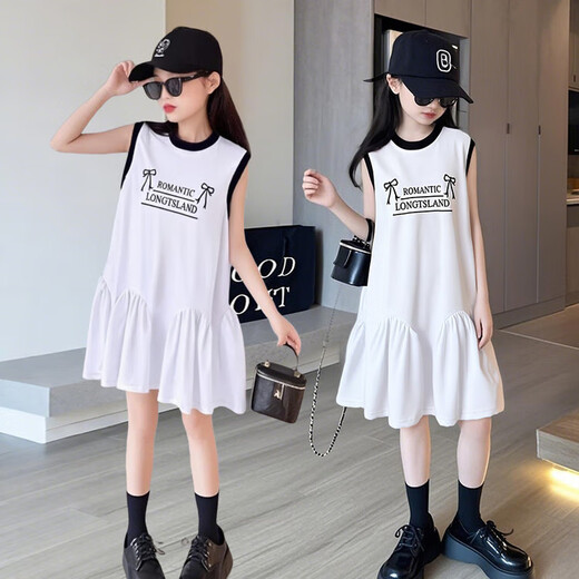 
Girls summer dress 2025 new casual and fashionable versatile sleeveless letter print design dress white bow vest dress 170 (recommended height below 160)