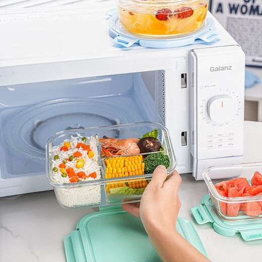 Mingyu Dining ist bequemer für Lunchbox -Box -Mikrowellenofen, um Büroangestellte transparente Glas -Lunchbox mit Deckel mit großer Kapazität Nordic Blue Drei Partitionen 1050+ Runde 480+ Taschen+ Tabelleware