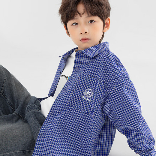 Duojia Boys' Shirts 2026 Spring and Autumn Classic Navy Blue Plaid Jacket LOGO Embroidered American Children's College Style Top