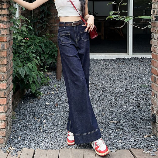 新款宽松百搭微喇裤女高个子早春季牛仔裤长裤高腰显瘦拖地裤 丹宁蓝九分9887# 常规 M