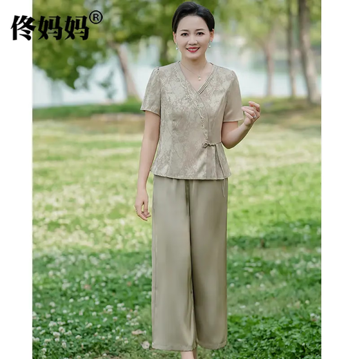 TULX Tong Mother's Women's Wear Mother's Day Mother's Summer Short Sleeve Suit Fashionable Small Shirt Middle-aged Women's Wear Two-Piece Set 761 Silver Gray XL (90Jin[Jin is equal to 0.5 kg]-105Jin[Jin is equal to 0.5 kg])