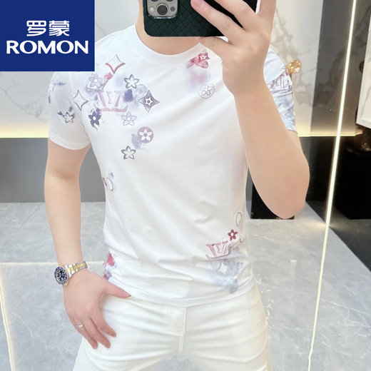ROMON classic men's short-sleeved trendy brand internet celebrity handsome versatile ice hemp knitted fashion T-shirt 2025 summer new style black M (95-115Jin [Jin equals 0.5 kg])