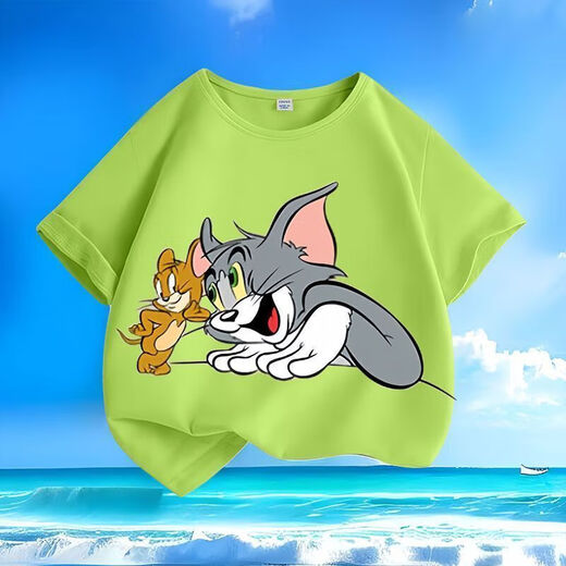 Cat and mouse summer new cartoon short-sleeved T-shirt for men and women, small and medium-sized children, pure cotton round neck, loose and versatile - SL yellow - KX683 Cat and mouse, one size [a small size/suggested to take a larger size]