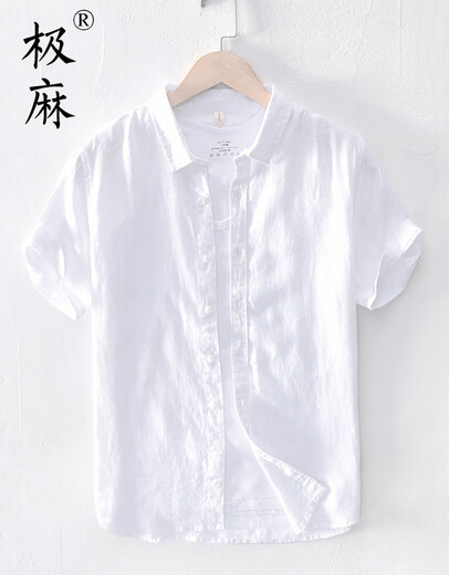 极麻清新基础短袖棉麻衬衫男士休闲青年夏季宽松半袖亚麻衬衣 白色 L（125-140斤左右）
