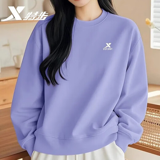 特步（XTEP）卫衣女装秋季新款纯色套头衫学生圆领长袖上衣女宽松潮流运动服女 【春秋薄款】浅紫 M 165 现货速发