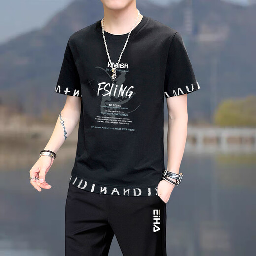 
Caiqiao Men's Set Summer 2025 New Men's Set T-Shirt Short Sleeve Summer Loose Casual Sports Breathable Set Black FSLING Fishing (Top + Pants) 6630 M Proposal 100-120Jin [Jin equals 0.5 kg]