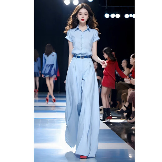 欧迪惠（Oudihui）时尚气质套装女2025夏季休闲裤女装新款短袖衬衫高腰阔腿裤两件套 灰色套装 L