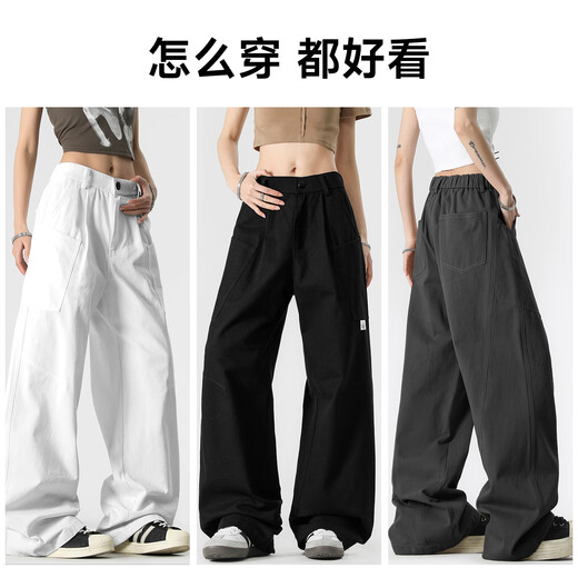 PPGE100%棉宽松大口袋工装裤女夏季透气美式复古阔腿裤显瘦休闲裤子男 白色 L