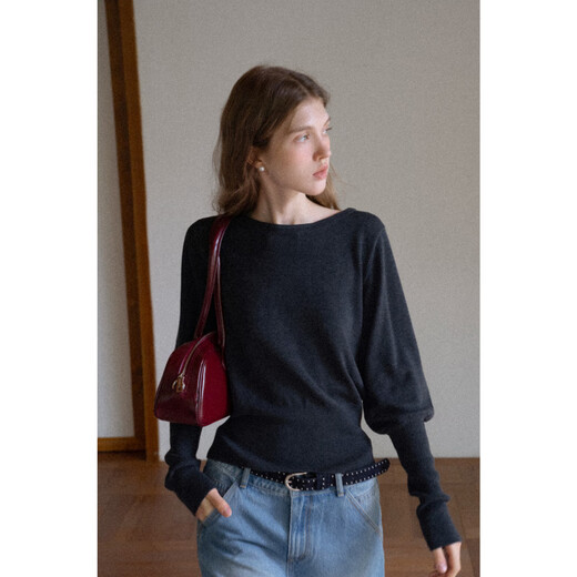 EGGKA French round neck waisted wool sweater for women in autumn and winter simple temperament commuting long-sleeved top E25A80201AF Gray S
