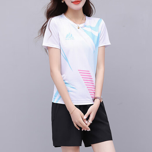 
Breathable quick-drying suit for women in summer new round neck slimming short-sleeved T-shirt simple shorts trendy sports two-piece set White XL 110-125