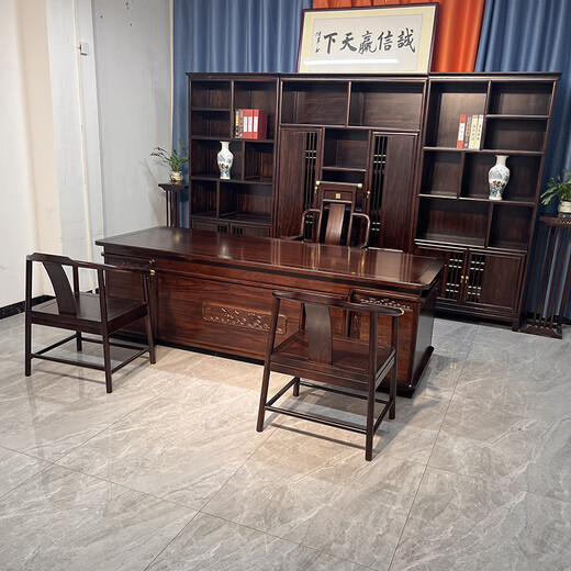 All solid wood desk and bookcase combination rosewood executive desk new Chinese style boss desk and chair office furniture desk black gold 2 meter desk