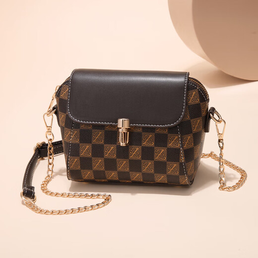 黛菲维娅时尚链条迷你小包包女2025新款夏天斜挎手机小巧轻便贝壳包软皮 方格 卡其色