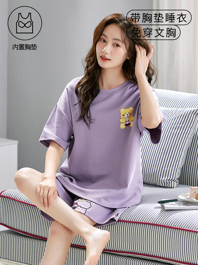 GTYUWVG带胸垫一体纯棉睡衣女夏款短袖短裤甜美可爱大码防走光家居服套装 带胸垫短袖套装-G1047 女M码[建议80-100斤] 均码