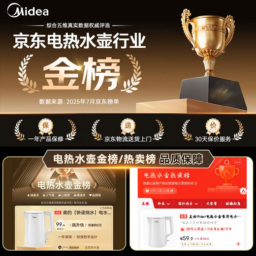 Midea electric kettle household kettle small capacity price guarantee 11.11 0 coating food grade 304 stainless steel double layer anti-scald all steel seamless 1.5L capacity 1566