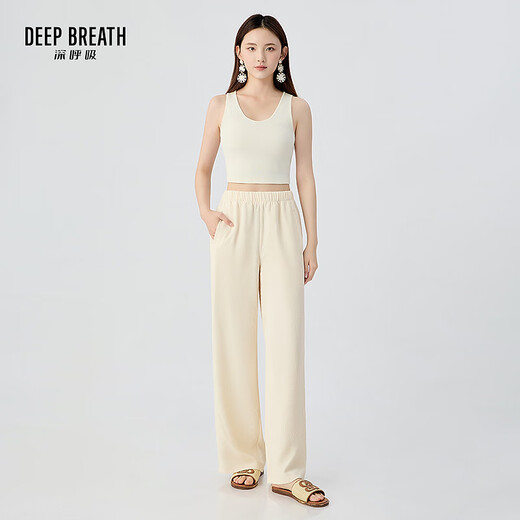 深呼吸DEEP BREATH女装做皱肌理感松紧腰休闲直筒阔腿裤女A100458 米白 S (2)