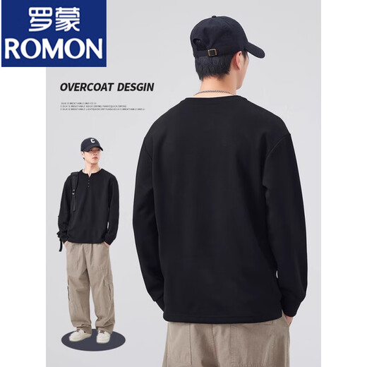 ROMON Henley collar long-sleeved T-shirt for men spring and autumn 2025 new trendy brand bottoming shirt casual and versatile tops black M recommended 90-110Jin Jin equals 0.5 kg