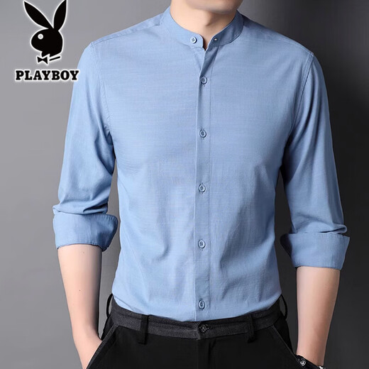 
Playboy solid color stand collar mercerated cotton shirt men's 2025 spring and autumn long-sleeved shirt casual inner Chinese collar inch shirt thin 9930 style rose red XL 180