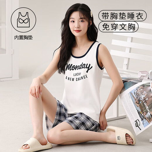 莫代尔纯棉睡衣女夏季2025新款带胸垫背心无袖可爱甜美网红家居服套装 带胸垫背心套装：Y-1105 M 女