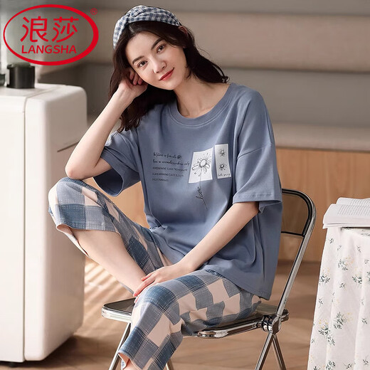 Langsha High-End 2025 New Pyjamas für Frauen im Sommer Pure Cotton Kurzärärmelte zweiteiliger Anzug Sommerstreife Home Clothing 9856 M [Empfohlen 75-90 Jin [Jin gleich 0,5 kg] tragen]