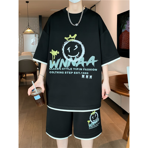 歌古森夏季运动套装男孩时尚潮流12-15岁青少年初中生短袖短裤学生男装 9928米色 M 80-100斤可穿