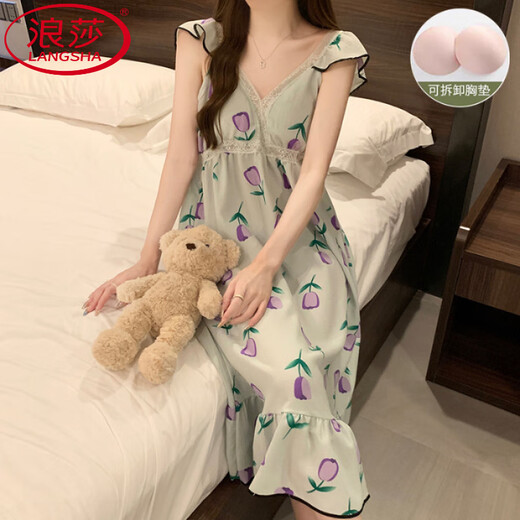 LangSha (LangSha) Princess Style Pajamas for women in summer sleeveless chest pad nightgown sexy internet celebrity girl new long skirt outside home clothes Lemon yellow 9906D with removable chest pad M 75-100Jin [Jin equals 0.5 kg]