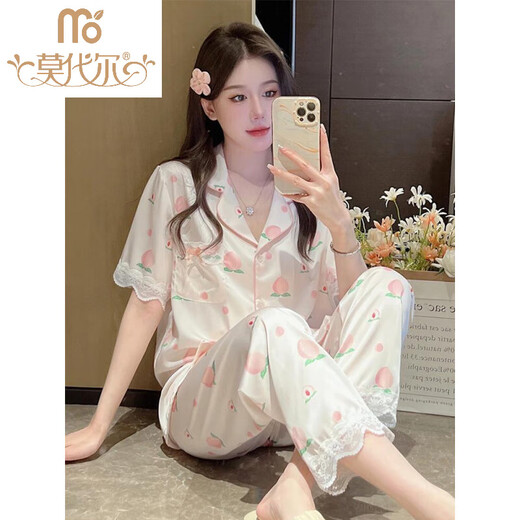 Modal ice silk pajamas for women in summer short-sleeved trousers internet celebrity style 2025 new spring and summer thin silk thick home clothing set FS-9905 peach [short sleeves + trousers] M [suitable for 75-95Jin [Jin equals 0.5 kg]]